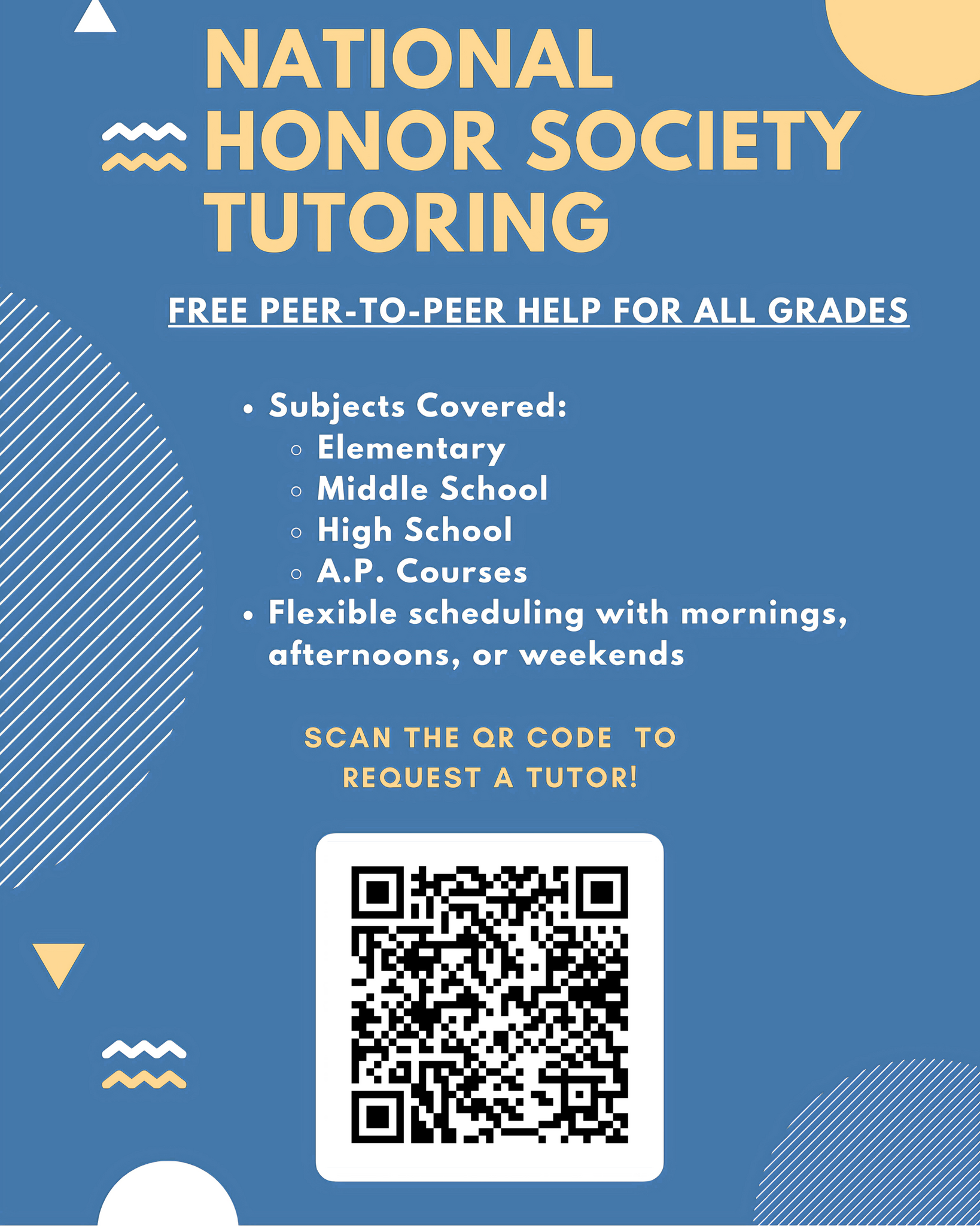 National Honor Society Tutoring. Free peer to peer help for all grades. Available mornings, afetrnoons or weekends